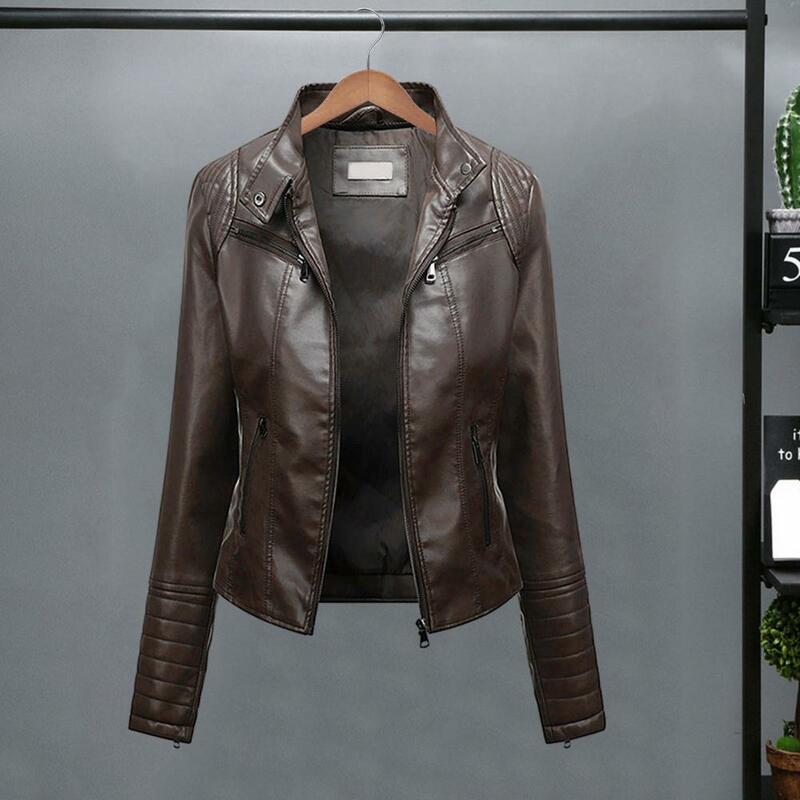 Jaket kulit imitasi untuk wanita, jaket kulit imitasi Bergaya Slim Fit, jaket pengendara sepeda motor kulit imitasi dengan kerah berdiri untuk A