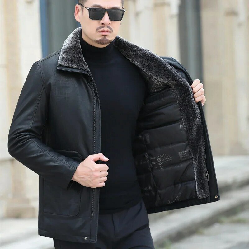 Chaqueta de plumón de cuero Natural para hombre, chaqueta gruesa de longitud media a prueba de frío, color negro, invierno, 188