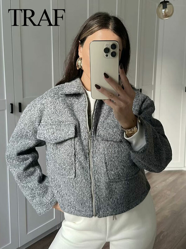 TRAF 2024 Female Fashion Vintage Jackets Casual Solid Street Long Sleeves With Pockets Zipper Versatile Chic Cropped Coats