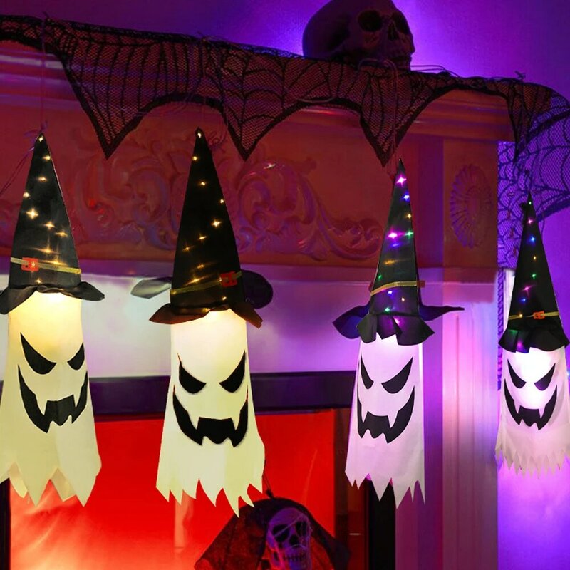 Grote Halloween Led Ghost Hoed Kleurrijke Gloeiende Heksenhoed Halloween Kostuum Rekwisieten Buiten Boom Opknoping Ornament Huisfeest Decor