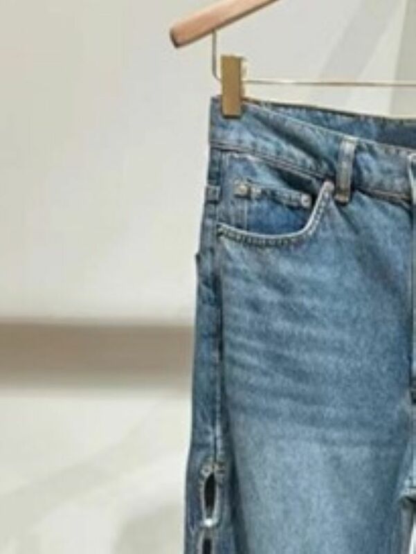 Calça reta casual feminina, decoração de pérolas laterais, oco fora, cintura alta, jeans compridos, primavera, 2022