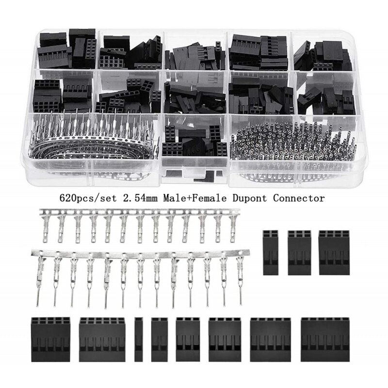 Dupont connector box for jumpers cables, 2.4mm, 620 pcs, connecting station, male and female crimp tips, kit ma