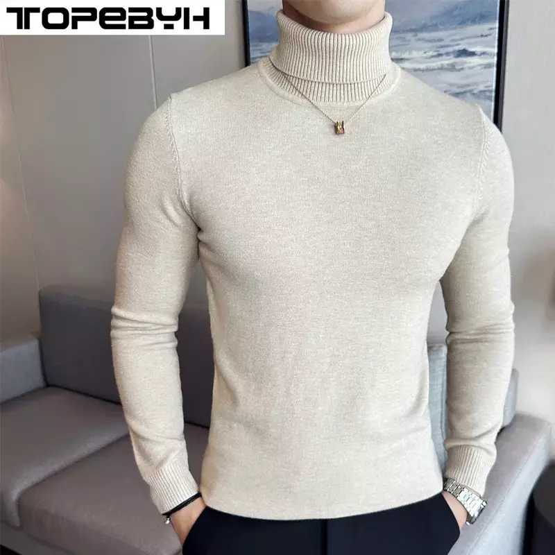 Мужской зимний вязаный свитер с высоким воротником, приталенный пуловер с длинным рукавом, однотонные топы, мужская одежда