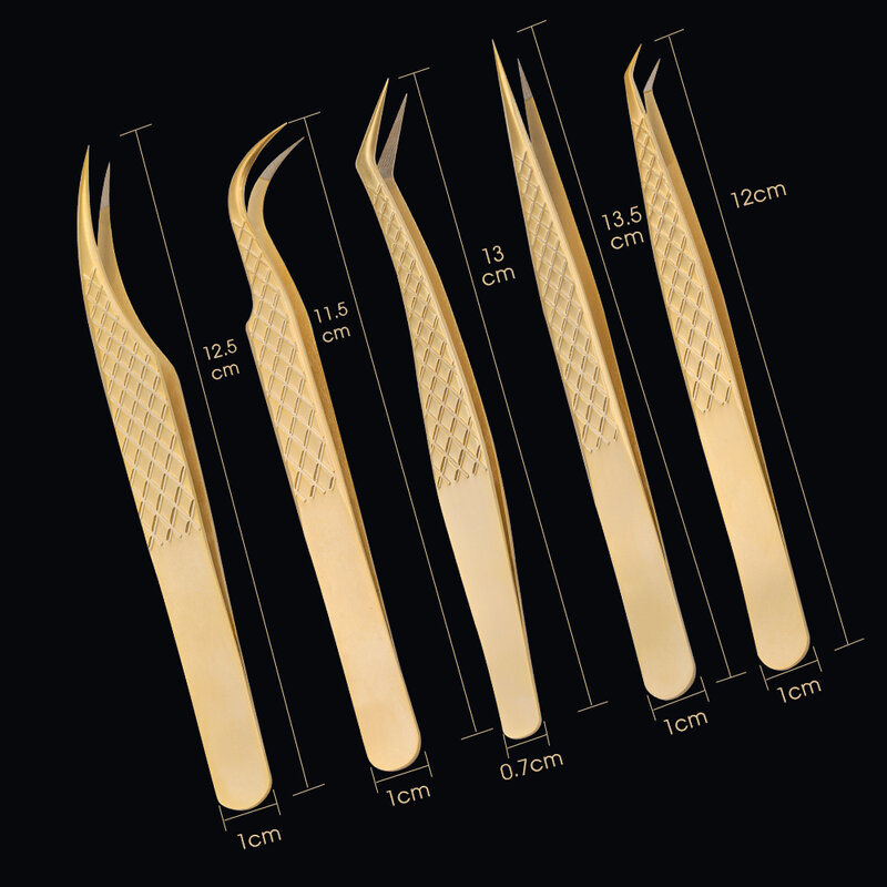 Pinzas de extensión de pestañas, 1 piezas, con puntas de fibra, de acero inoxidable dorado, de alta precisión, para ventiladores de volumen, herramientas de maquillaje