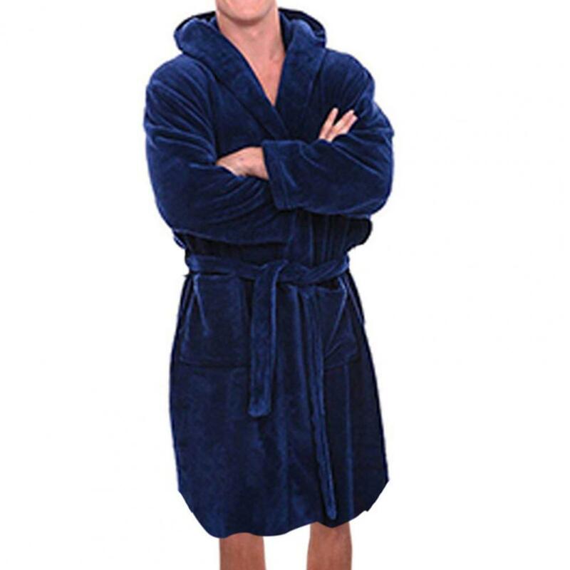 단색 벨트 플란넬 목욕 로브, 후드 포켓, 따뜻한 남성용 잠옷, 긴 잠옷, 두꺼운 흡수성 테리 목욕, 가정 의류