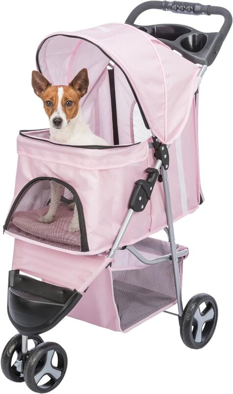 TRIXIE cochecito plegable para mascotas, carrito para pasear gatos y perros con cubierta meteorológica, cesta de almacenamiento, portavasos