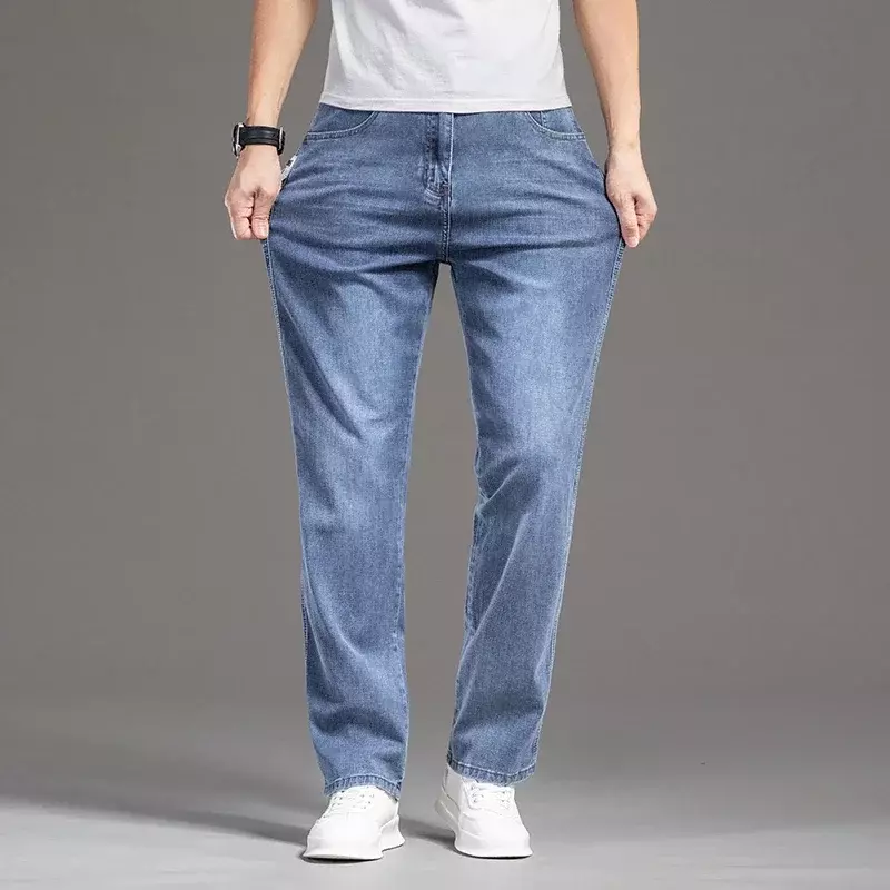 Calça jeans stretch fina masculina, calça jeans clássica, de negócios, casual, fina, azul, preta, primavera, verão
