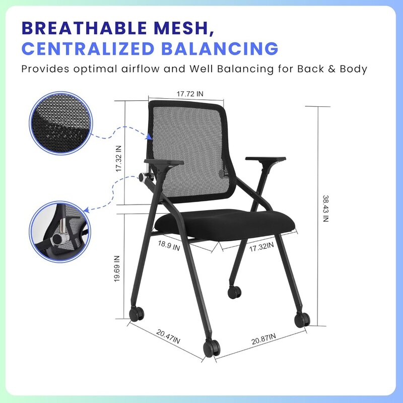 Stackable & Foldable Conference Room Chairs With 2X Thick Cushion PRO Armrest - Mesh Bouncing Back for Office Meeting Chair