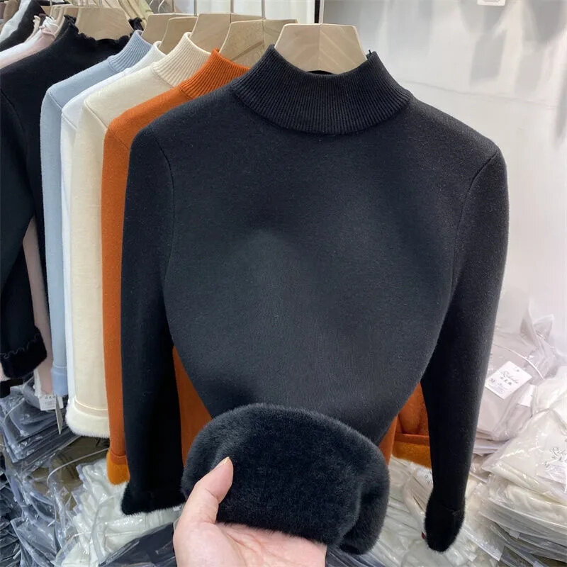 W koreańskim stylu z golfem szczupła, zagęszczona dzianinowe swetry kobieta 2024 zima Plus aksamitny sweter polar na co dzień ciepła dzianina topy z podszewką