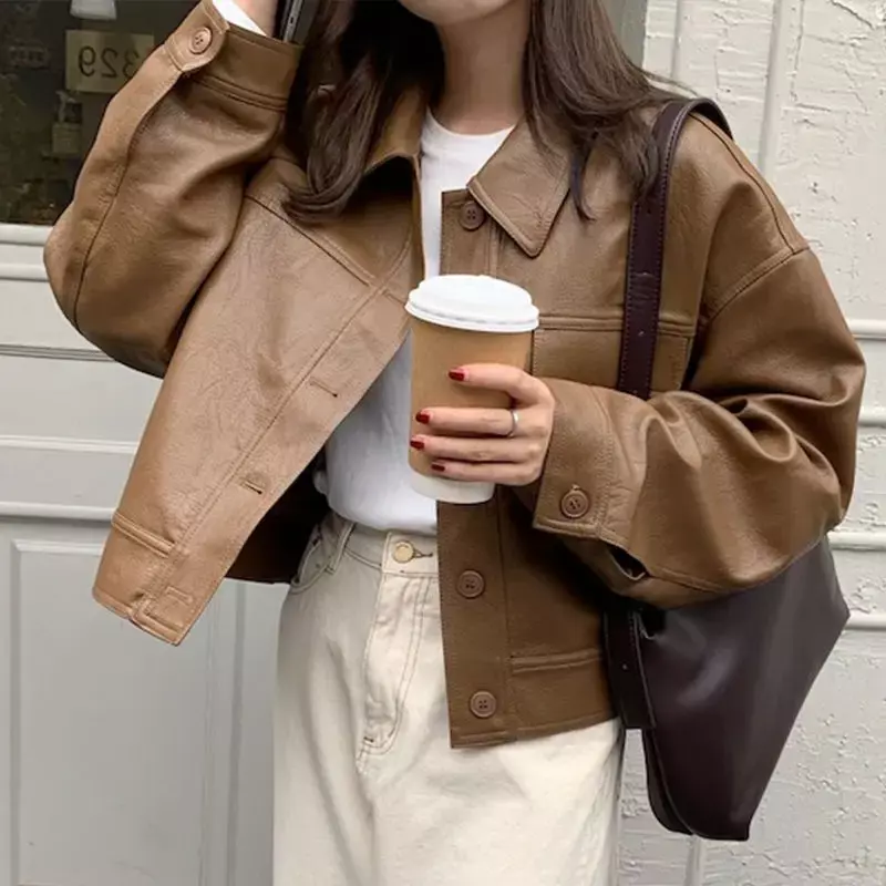 Nuova giacca di pelle femminile primavera moda coreana colletto Casual allentato a maniche lunghe abbigliamento moto cappotto corto abbigliamento donna