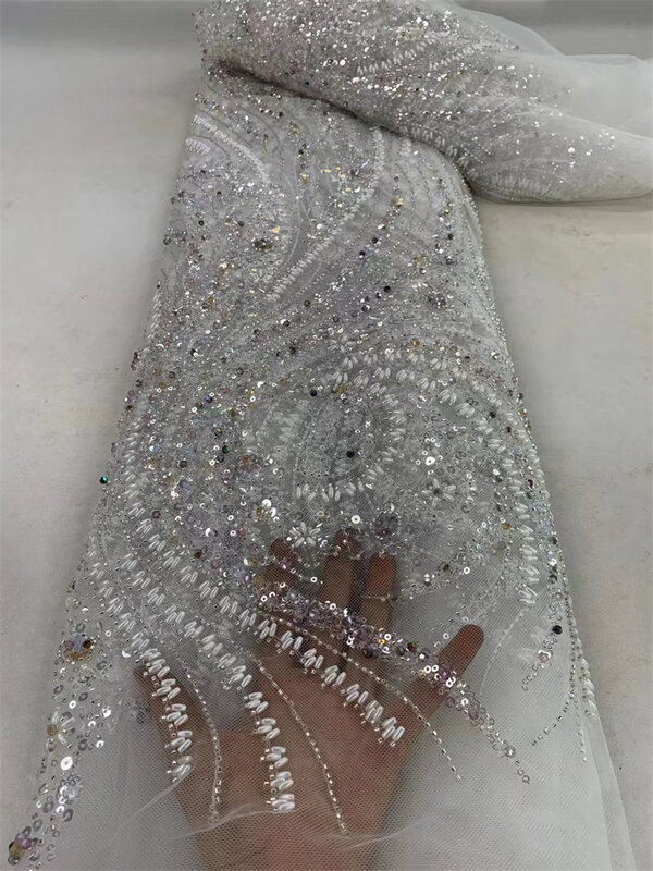 Tecido de renda frisada para vestido de casamento, lantejoulas francesas, branco, material líquido, luxo nupcial, grânulos pesados, alta qualidade, 5 jardas, 2024