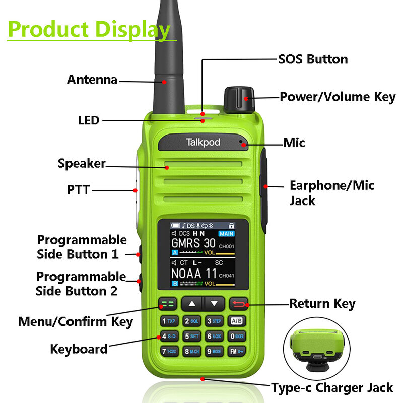 جهاز إرسال واستقبال لاسلكي من Talkpod طراز A36Plus محمول بقدرة 5 واط يعمل بموجات راديو CB AM FM VHF UHF مكون من 7 شرائح