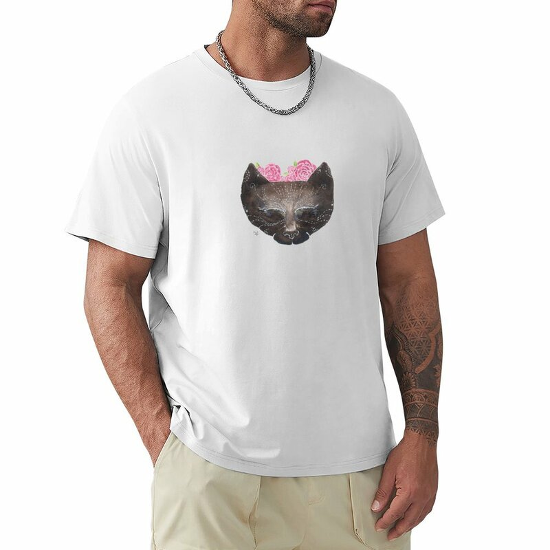 로즈 가든 고양이 티셔츠, 한국 패션 여름 옷, 남성용 순면 티셔츠