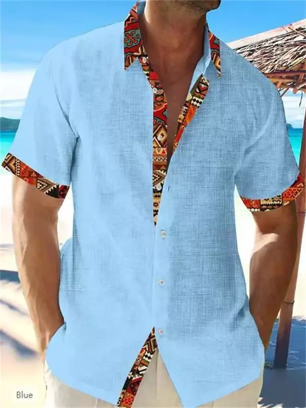 남성용 리넨 반팔 셔츠, 하와이안 캐주얼, 플로럴 비치 탑, 단추 셔츠, 2023 용수철 여름 패션