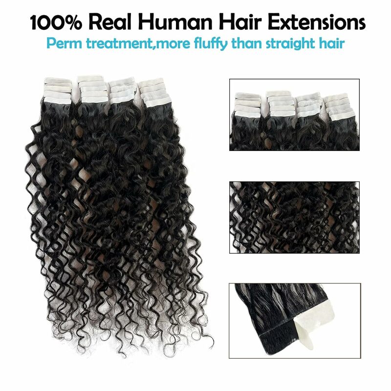 Black Water Wave Tape in Human Hair Extension Brazilian Hair Skin Weft Tape in Curly Human Hair 20pcs Tape in Hair Extensions