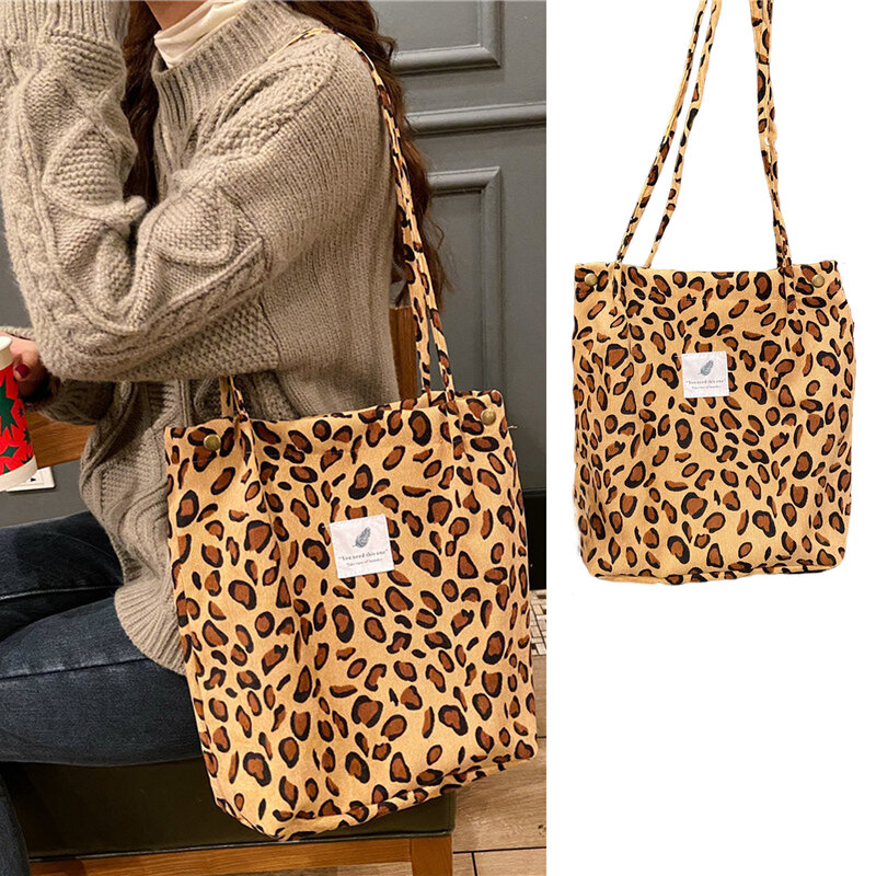 Corduroy Leopard Stripes Shoulder Bag Large Capacity Corduroy Canvas Bag Handbag Travel Totes Bag Ladies Reusable Shopping Bag