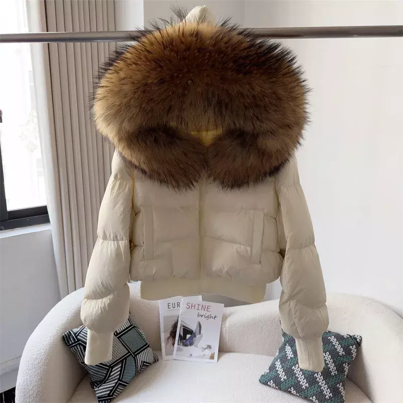 여우 모피 칼라 후드 여성 코트, 짧은 다운 재킷, 90 화이트 덕 다운, 겨울 패션