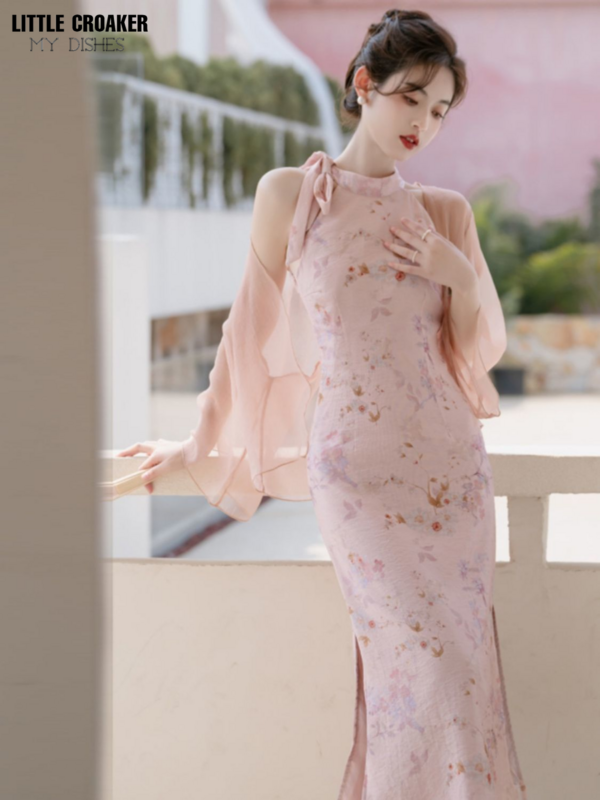 20223 gaun Cheongsam terpisah harian Tiongkok leher Halter merah muda gaun musim gugur Tiongkok baru Qipao ditingkatkan Cheongsam
