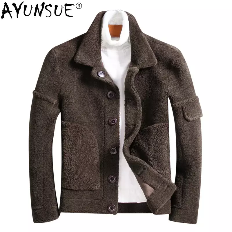 AYUNSUN Winter Men Jacket  Real Sheep Shearing Wool Leather Jacket Male 5XL Clothes Double-sided Wear Coat Ropa Hombre LXR352