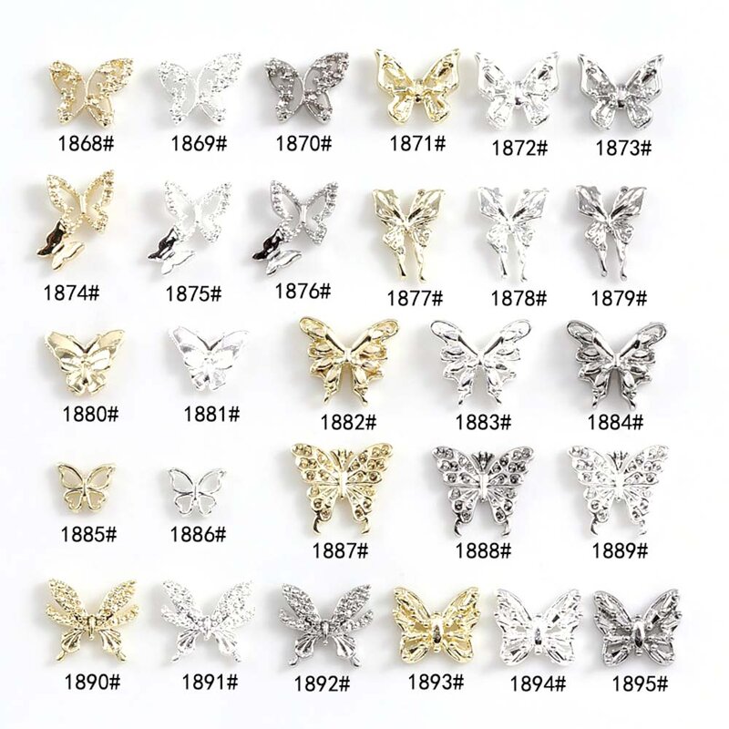 Breloques papillon 3D en alliage pour ongles, design nœud papillon, bijoux de luxe, or, argent, creux, nail art, accessoires de décoration, en vrac, 10 pièces/lot