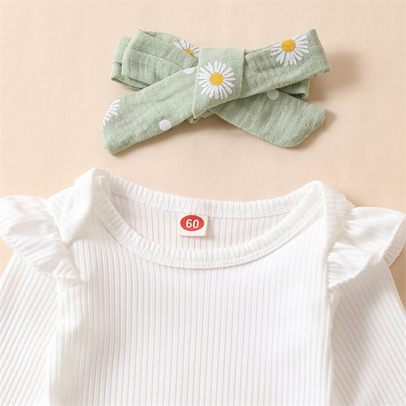 VISgogo 3PCS Toddler Baby Girls Clothes Sets White Long Sleeve Ruffle Romper Daisy Print Belted Pants Headband Clothing Sets