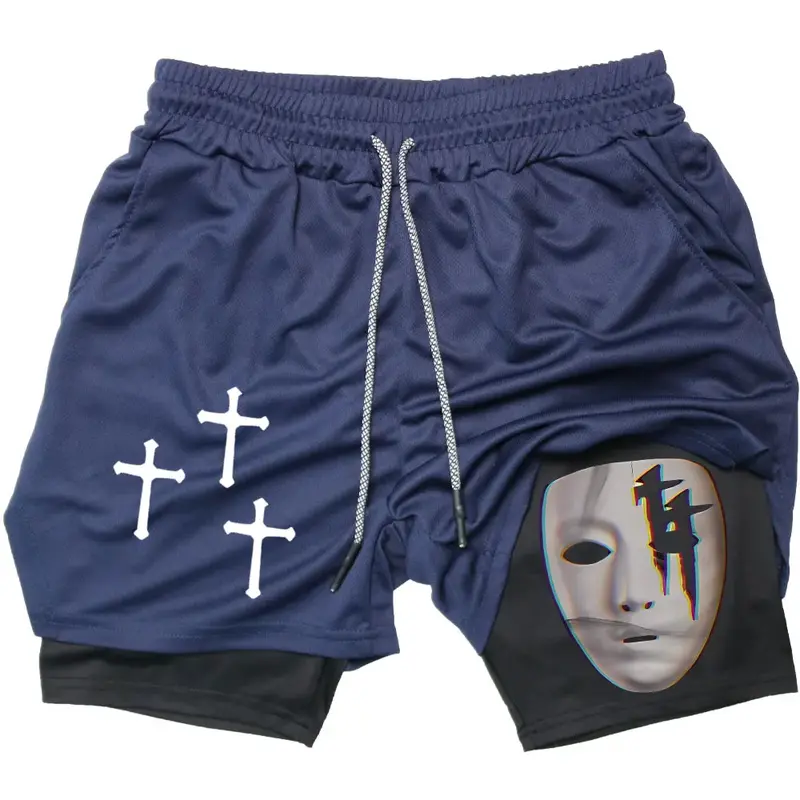Pantalones cortos de compresión 2 en 1 con estampado cruzado Y2K para hombre, ropa deportiva para gimnasio, entrenamiento, correr, rendimiento atlético, con bolsillos
