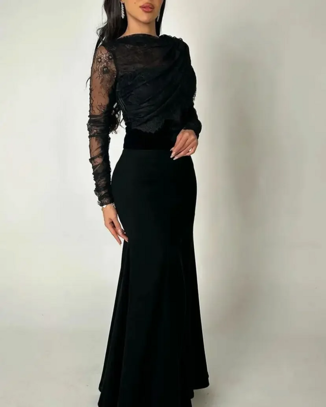 Vestido de noche de encaje plisado con cremallera para mujer, vestidos de fiesta formales hasta el tobillo, línea A, color negro Vintage
