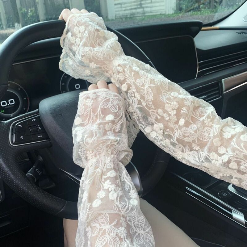 1 pair Lace lace Lace Sunscreen Gloves Hollowed out Mesh Lace Sun Protection Sleeve Fingerless Sunscreen Driving