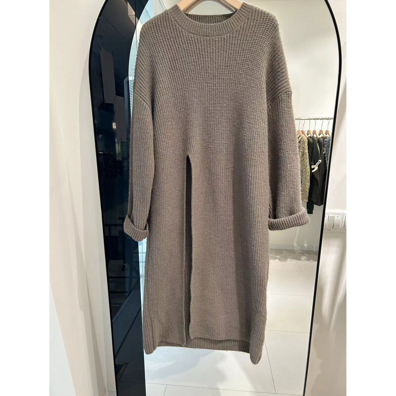Korean Version of Lazy Style Loose Knit Dress for Women in Autumn and Winter New Side Slit Design Medium Length Pullover Sweater