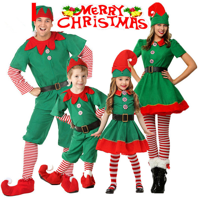 Disfraz de Navidad para niños y adultos, traje de Papá Noel para fiesta de año nuevo, trajes de Cosplay para niños y niñas, vestido de fantasía de elfo verde