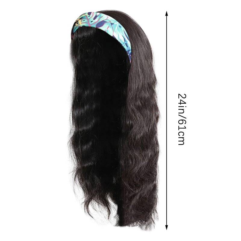 Longa reta peruca de cabelo encaracolado, elástico Headband, Natural Preto peruca sintética, Hijab Cosplay peruca diária, 24"