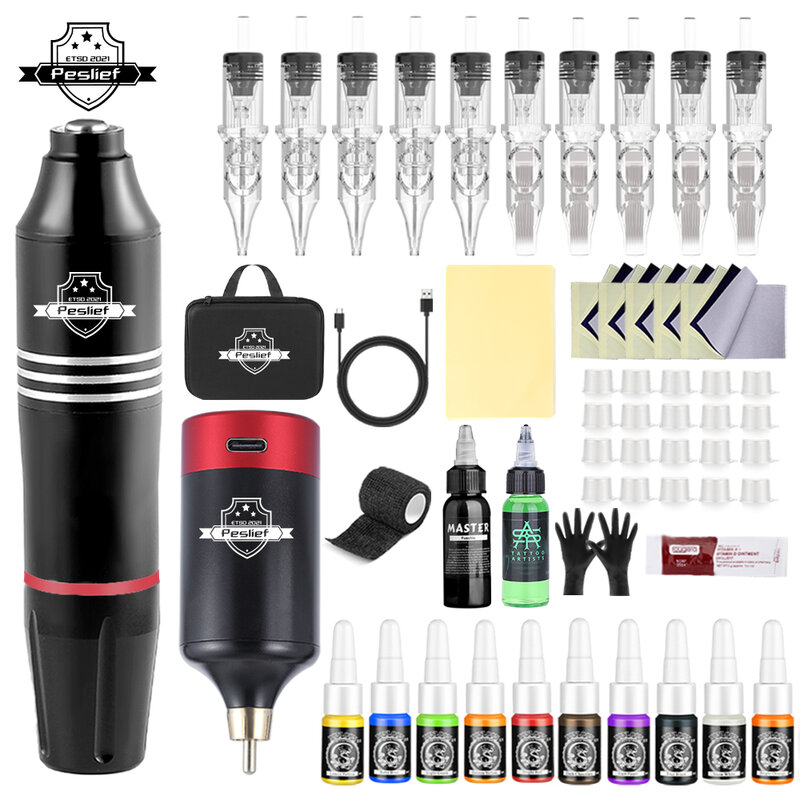 New Professional Tattoo Machine Kit Complete Rotary Machine Pen with 10pc Cartridge Needle 12pc Ink For Tattoo Beginner Sets