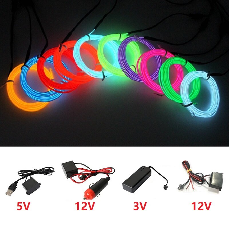 Tali kawat EL cahaya Neon, baterai 10m/5m/3m/1m 3V 5V USB 12V dengan adaptor Strip LED fleksibel untuk dekorasi suasana dansa pesta mobil