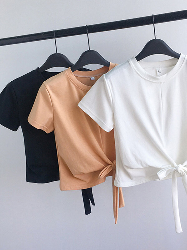 Camiseta sexy de bandagem coreana feminina, camiseta de manga curta, camiseta skinny de kpop, pano sólido, moda Y2K, verão, 2024