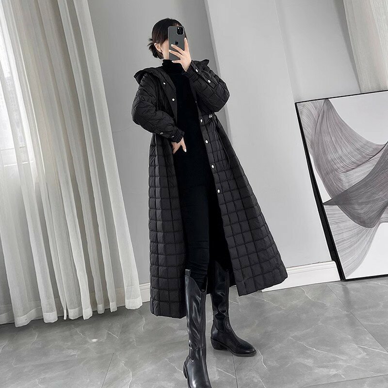 Manteau long à capuche en duvet de canard pour femme, veste à carreaux, pardessus chaud, noir, blanc, mince, femme, haute qualité, 2024