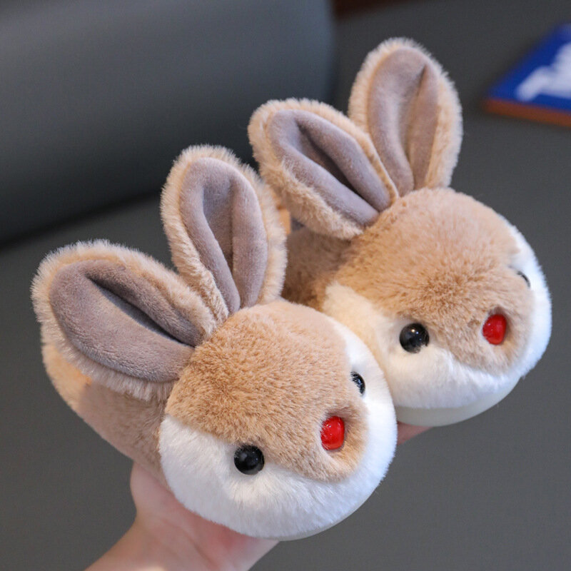 Children Winter Thick Slippers Kids Cotton-padded Shoes Baby Indoor Warm Slippers Girls Cute Cartoon Rabbit Animal Shoes Slides