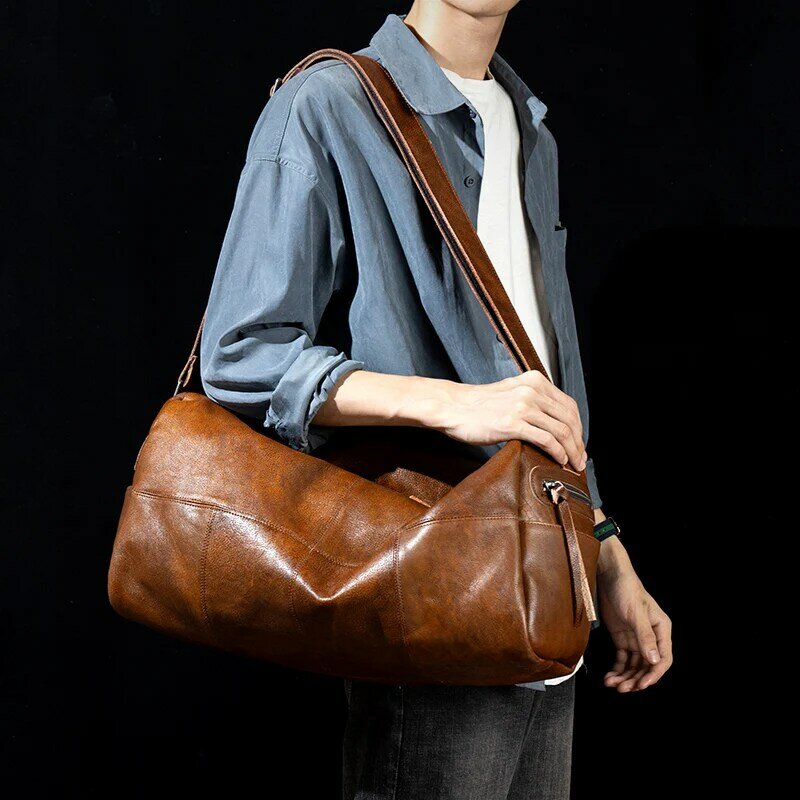 Men Genuine Leather Carry On Bags Weekend Shoulder Overnight Travel Bags male handbag casual shoulder luggage bag fitness bag