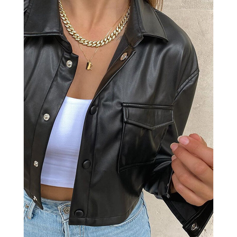 Autumn Fashion Women Pu Leather Jackets Femme Casual Long Sleeve Turn-down Collar Coat Pocket Design Outfits Bomber Jackets traf