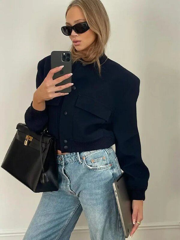 Women 2023 New Fashion big pocket woolen Jacket Coat Vintage Long Sleeve Button-up Female Outerwear Chic Overshirt