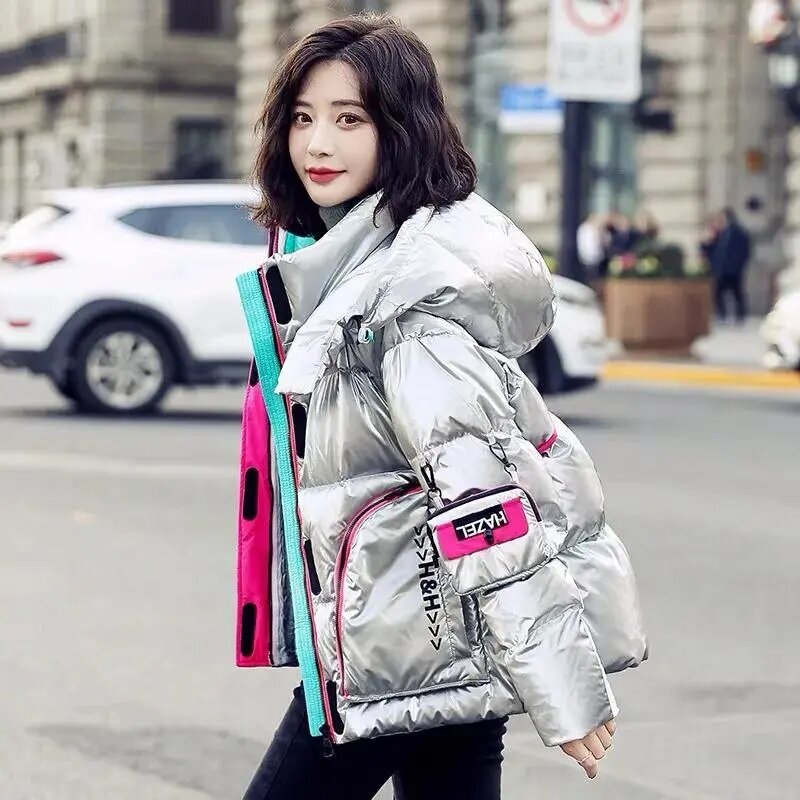 Ropa corta de algodón para mujer, abrigo holgado de colores contrastantes, brillante, ceñido, versión coreana, novedad de 2022