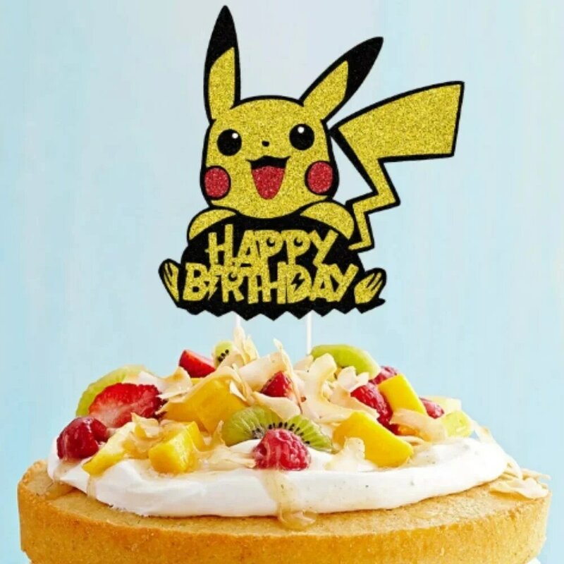Pokemon Happy Birthday Acrylic Cake Topper Party Decoration Pikachu Cake Decor Flag Baby Shower Baking DIY Supplies Kids Favors