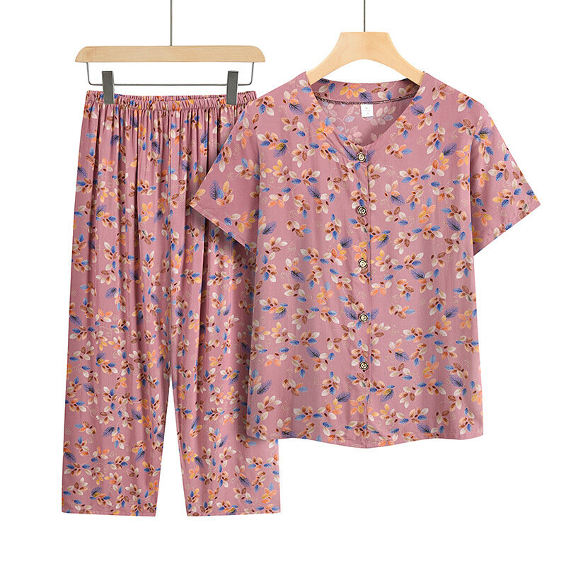 Pijama de dos piezas para madre de mediana edad, conjunto de 2 piezas, cárdigan, manga corta, 4XL, Verano