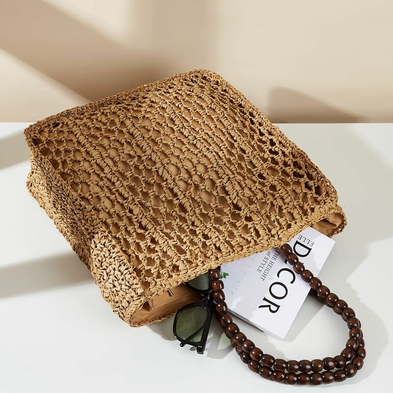 Wooden Beaded Tote Bag Hollow Crochet Shoulder Bag Handmade Knitting Travel Beach Bags Handbags Paper Rope Woven Straw Bags 2024