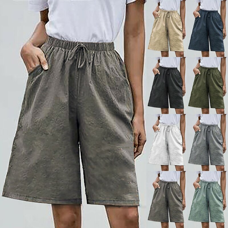 Pantalones de talla grande para mujer, pantalón informal holgado de Color sólido con bolsillos, cordón de cintura elástica, estilo Cargo, ropa de calle de verano