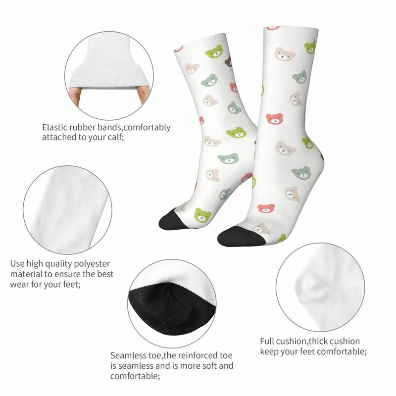 Cartoon Bear Animal Socks para homens e mulheres, absorção de suor, tubo médio, Crazy Design, fofo, outono, inverno