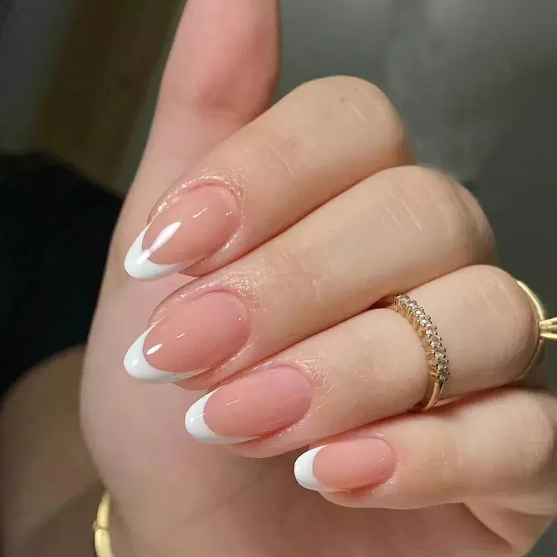 프랑스 가짜 손톱 아몬드 가짜 손톱, 접착제 프레스, 흰색 가장자리 디자인, 웨어러블 심플 인스 핑크 스틸레토 네일 팁