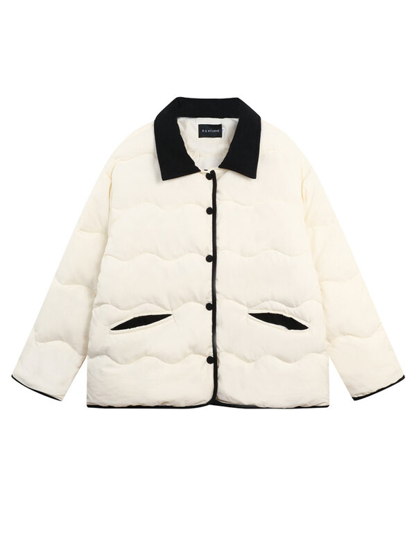Jaqueta acolchoada de algodão de peito único feminina, casacos casuais, moda coreana, manga longa, Parkas monocromáticos quentes, outono, inverno