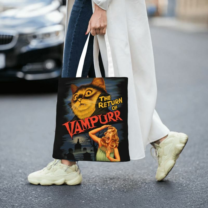 Personalizado o retorno de vampurr gato compras sacos de lona feminino durável compras tote shopper sacos