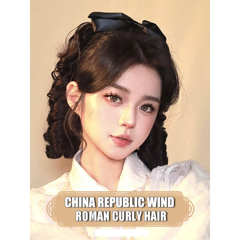 Wig wanita tinggi kuncir ekor kuda simulasi Retro gaya rambut Cheongsam Republik Cina Roma keriting emas bubuk keluarga keriting ekor kuda