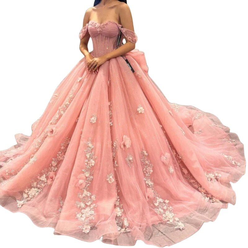 Женское вечернее платье принцессы, розовое Прозрачное платье с открытыми плечами, яркое платье для выпускного вечера, модель 15